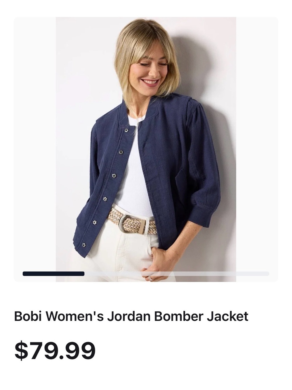 bobi Navy Three-Quarter Sleeve Bomber Jacket